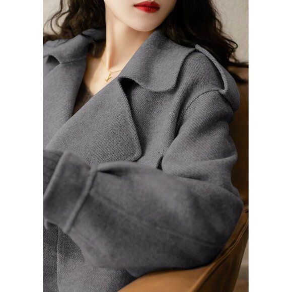 Women Dark Grey Wool Coats Notched Lapel Pea Coat Open Front Trench Overcoat - Picture 4 of 6